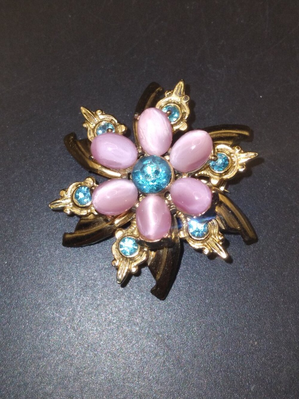 Vintage signed Coro Brooch Pink Cats eye glass Stones Blue Rhinestones